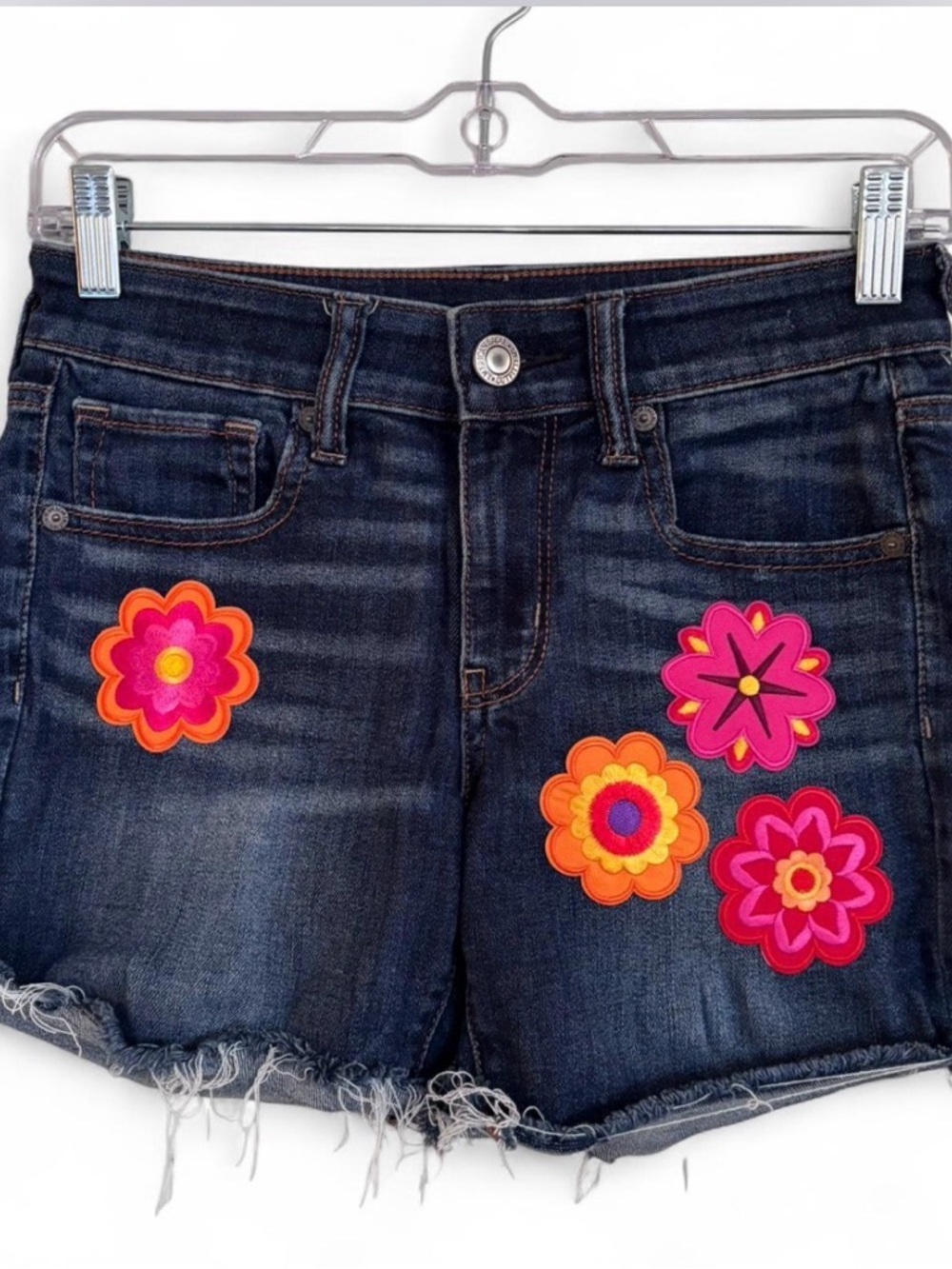American Eagle‎ Outfitters Embroidered Patched Upcycled Denim Jean Shorts SZ 2